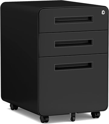 Mobile Filing Cabinet 3 Drawer, Rolling Small File Cabinet with Keys Under Desk, Modern Black Filing Cabinets with