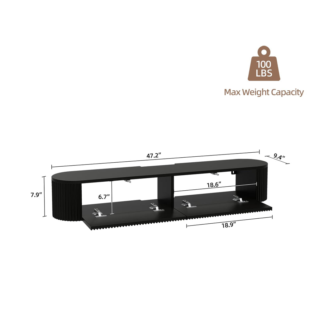 Fully Assembled 47 Inch Floating TV Stand with 2 Flip-Down Doors, Matte Black Wall Mounted Media Console, Modern