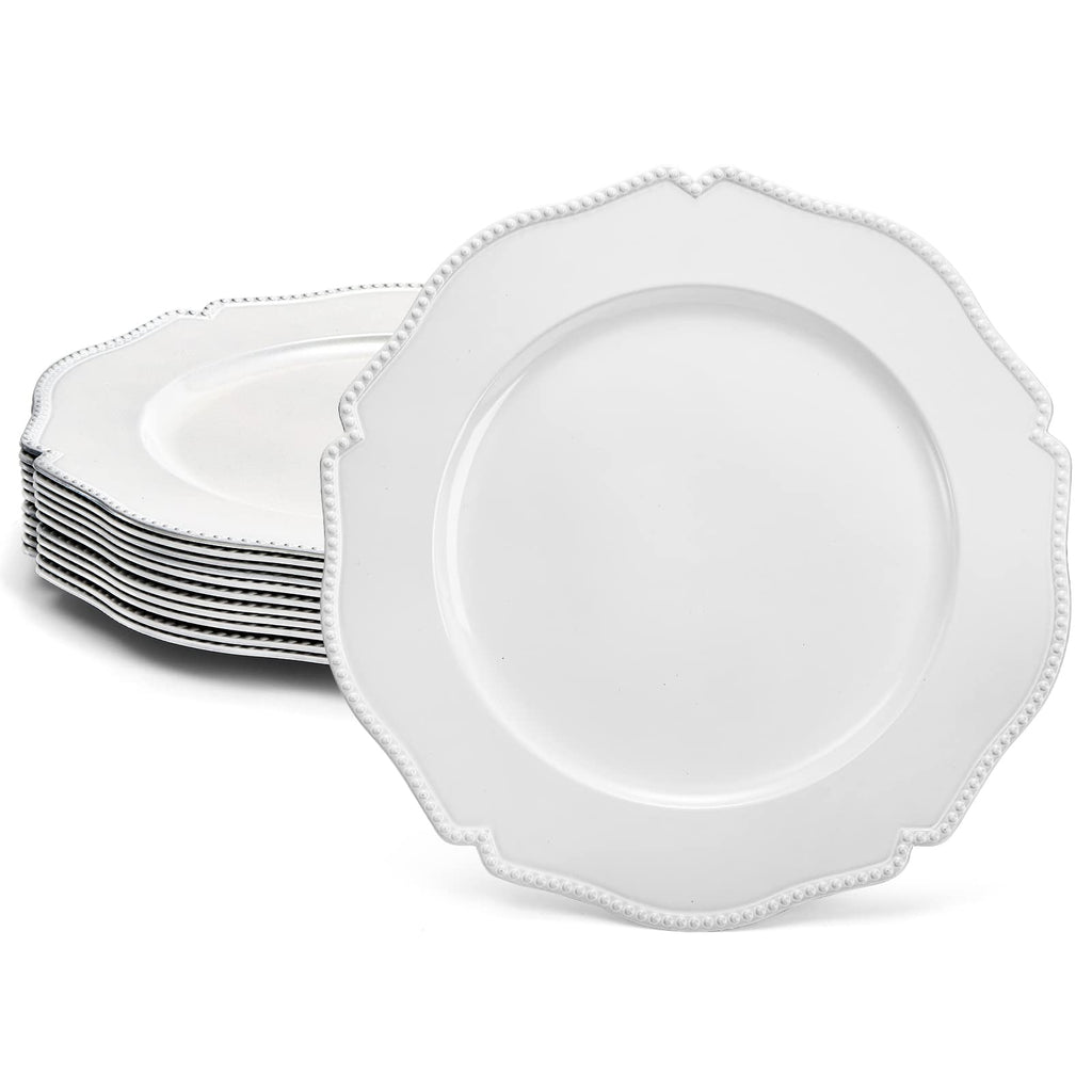 12 Pack White Charger Plates with Beaded Rim, 13 Inch Round Plastic Dinner Chargers, Scalloped Serving Plates for