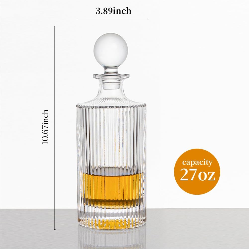 Whiskey Decanter with Glass Stopper 27 oz Round Ribbed Decanter