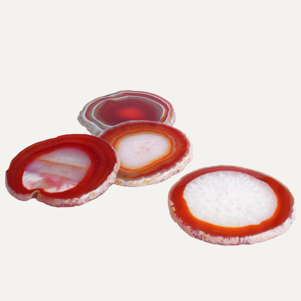 Natural Agate Coasters Set of 4 - Dyed Orange Red Irregular Circle Stone Drink Coasters with Rubber 3-4" Unique Home