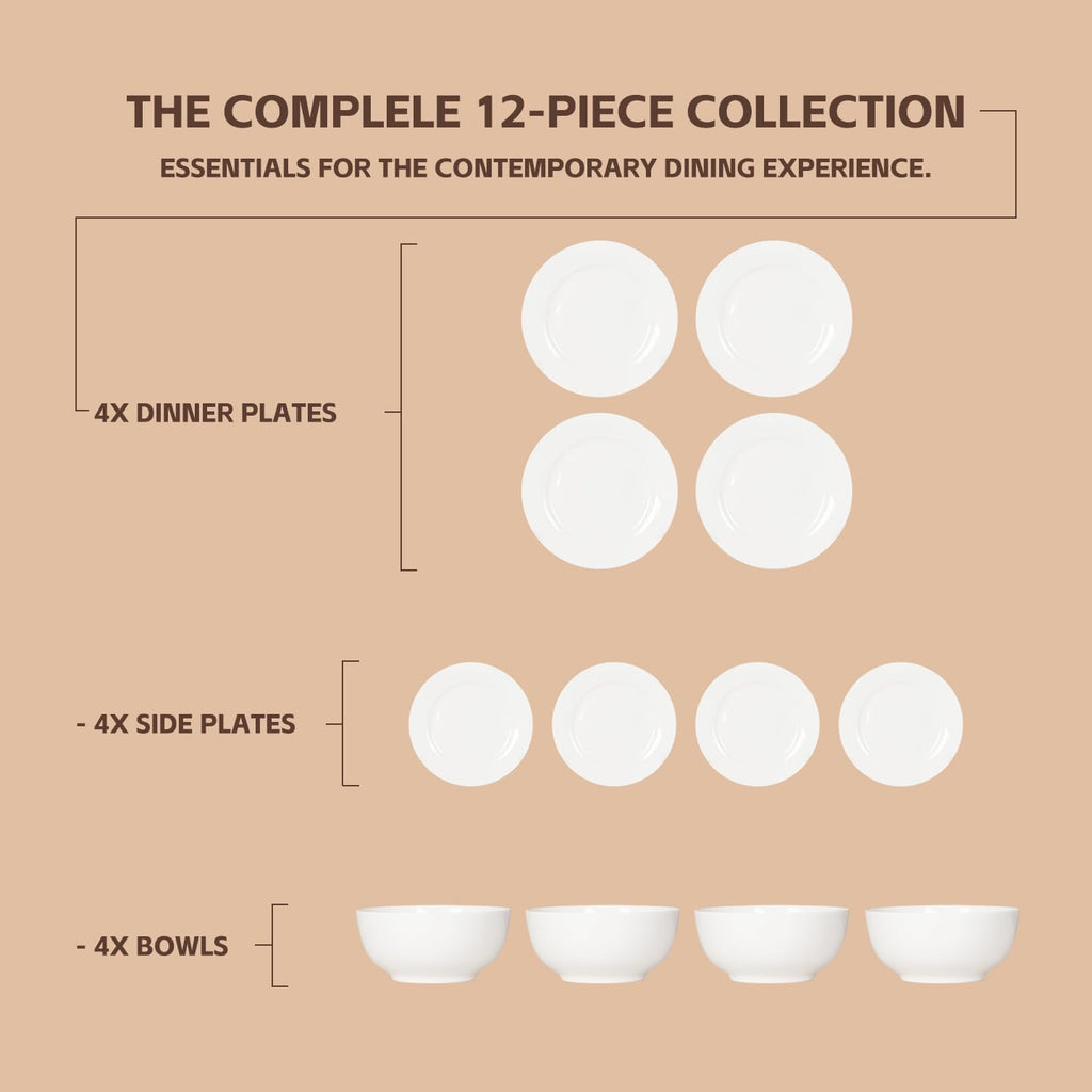 Bone China Dinnerware Set for 4, 12 Pcs Plates and Bowls, Pure White