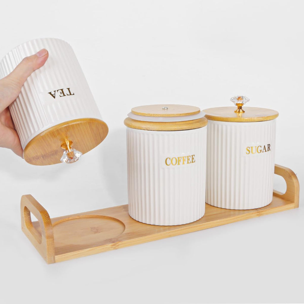Ceramic Storage Canister for Coffee Sugar Tea, Kitchen Pantry Container with Bamboo Lids and Tray, White - Set of 3