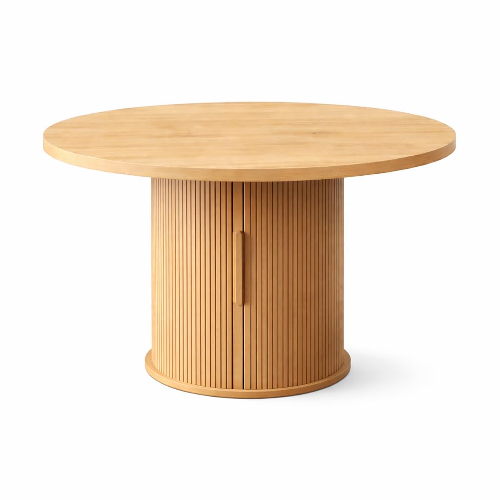 Round Wooden Dining Table with Storage, 43.3" Wood Tabletop, 2-Piece Semi-Circle Design, Pedestal Base Dining Table