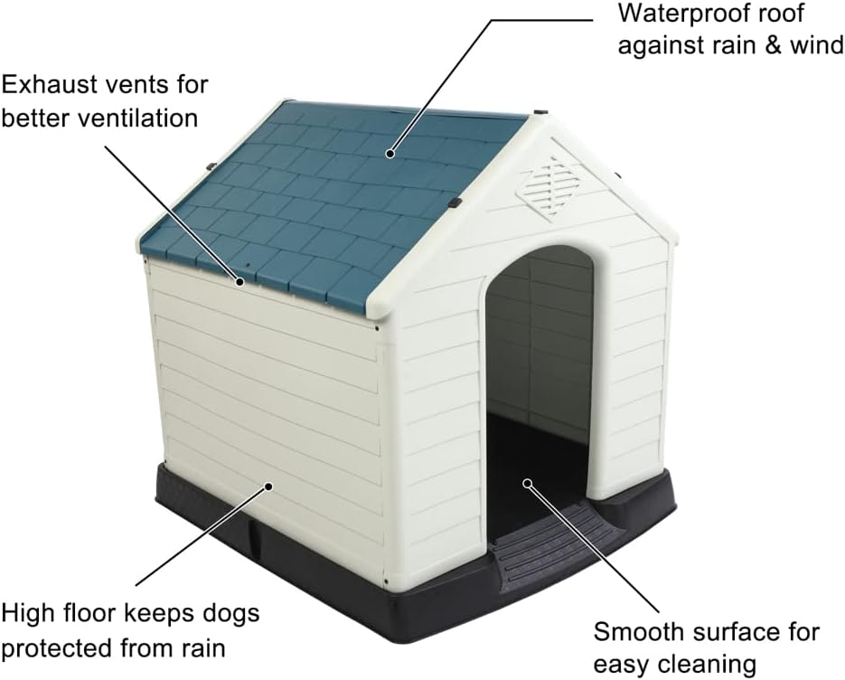 Plastic Dog House, 26" L x 29" W x 28" H Pet Dog Kennel with Door for Small Medium Sized Dogs Water Resistant, Indoor