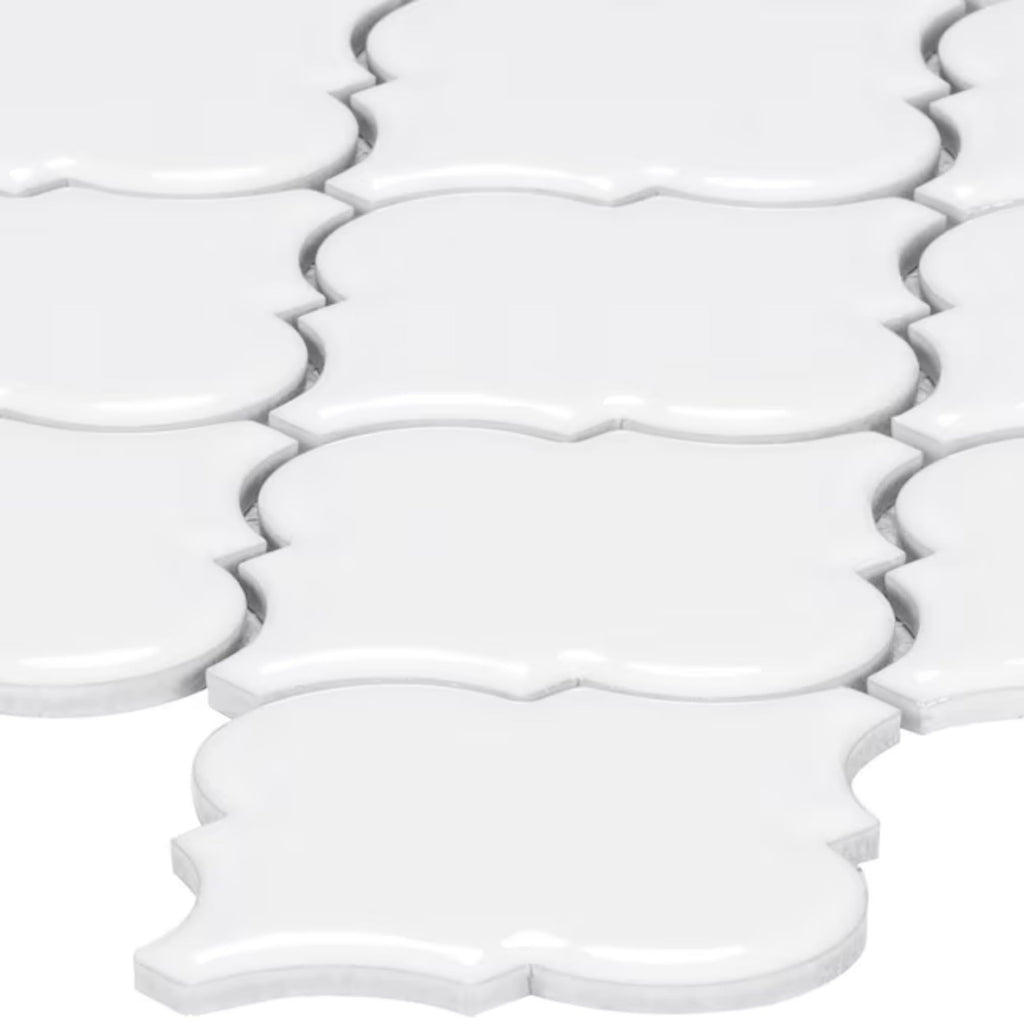 Crystal Glow Glossy White Arabesque Porcelain Mosaic Tile 12x13 in Backsplash Bathroom Wall Shower Fireplace Accent
