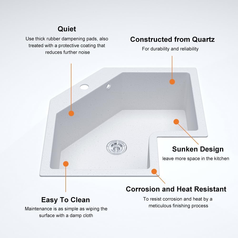 25-Inch White Undermount Corner Kitchen Sink - Irregular Quartz Single Bowl Sink for Modern Kitchens