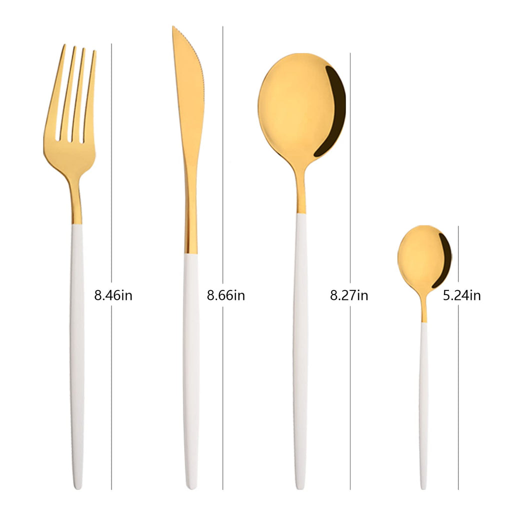 Mirror Silverware Set, 24-Piece 18/0 Stainless Steel Flatware Set For 6, Gold and White Color Forks Spoons Knives