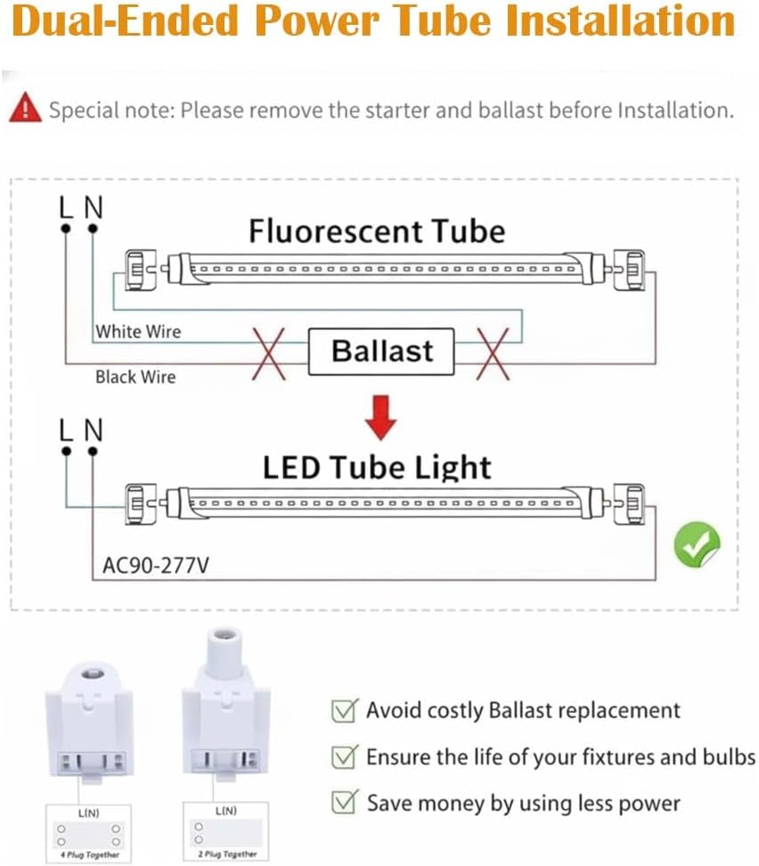T8 8FT LED Tube Light, 8 Foot T8 V Shaped Single Pin FA8 Base, Ballast Bypass 270° 50W 6750LM, 6500K Cool White