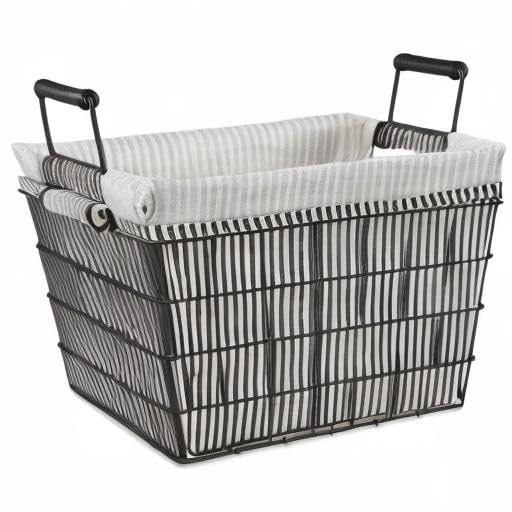 Metal Farmhouse Lined Basket, Contemporary Storage Container, Ticking Stripe, Assorted