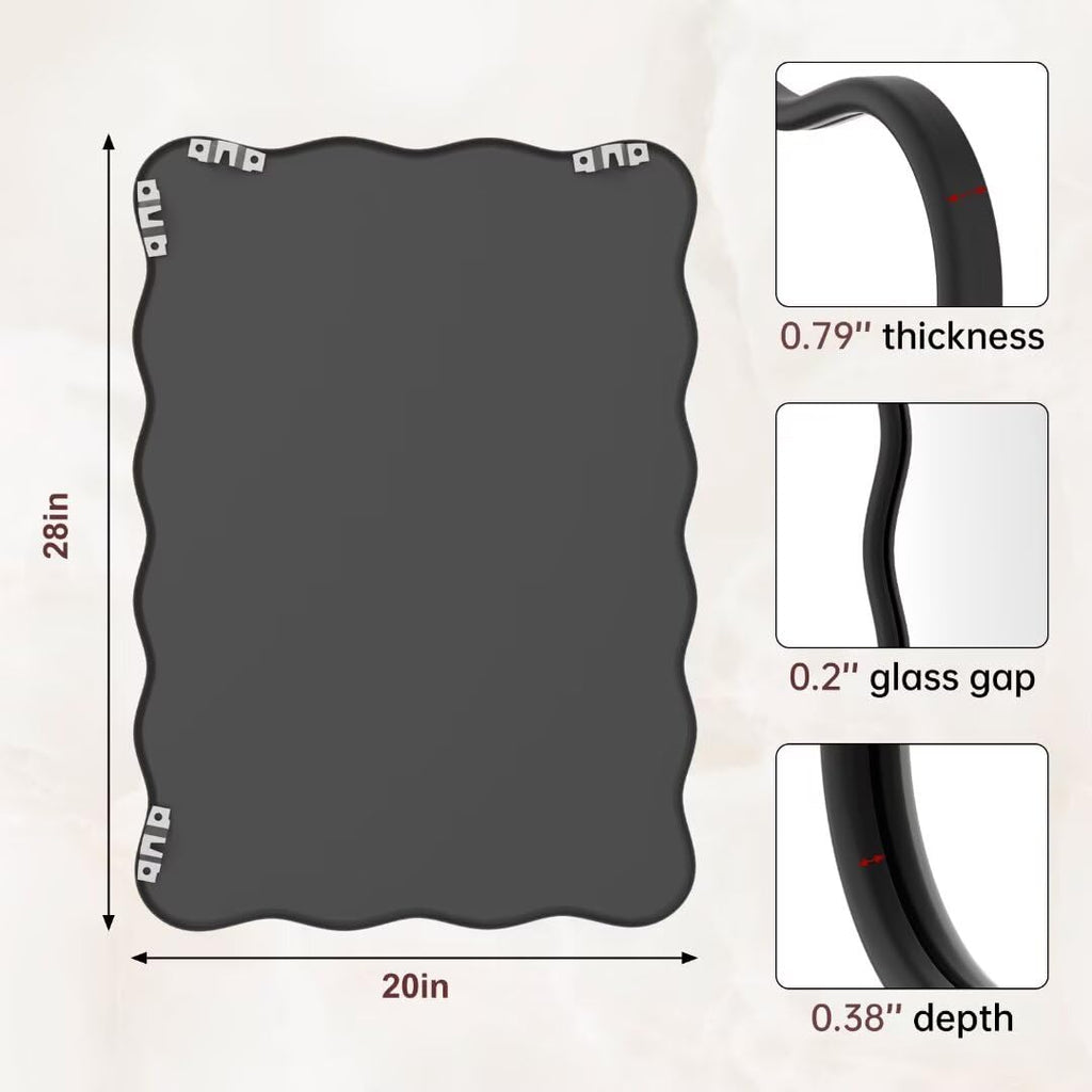 20x28 Black Wavy Irregular Bathroom Mirror, Wall-Mounted