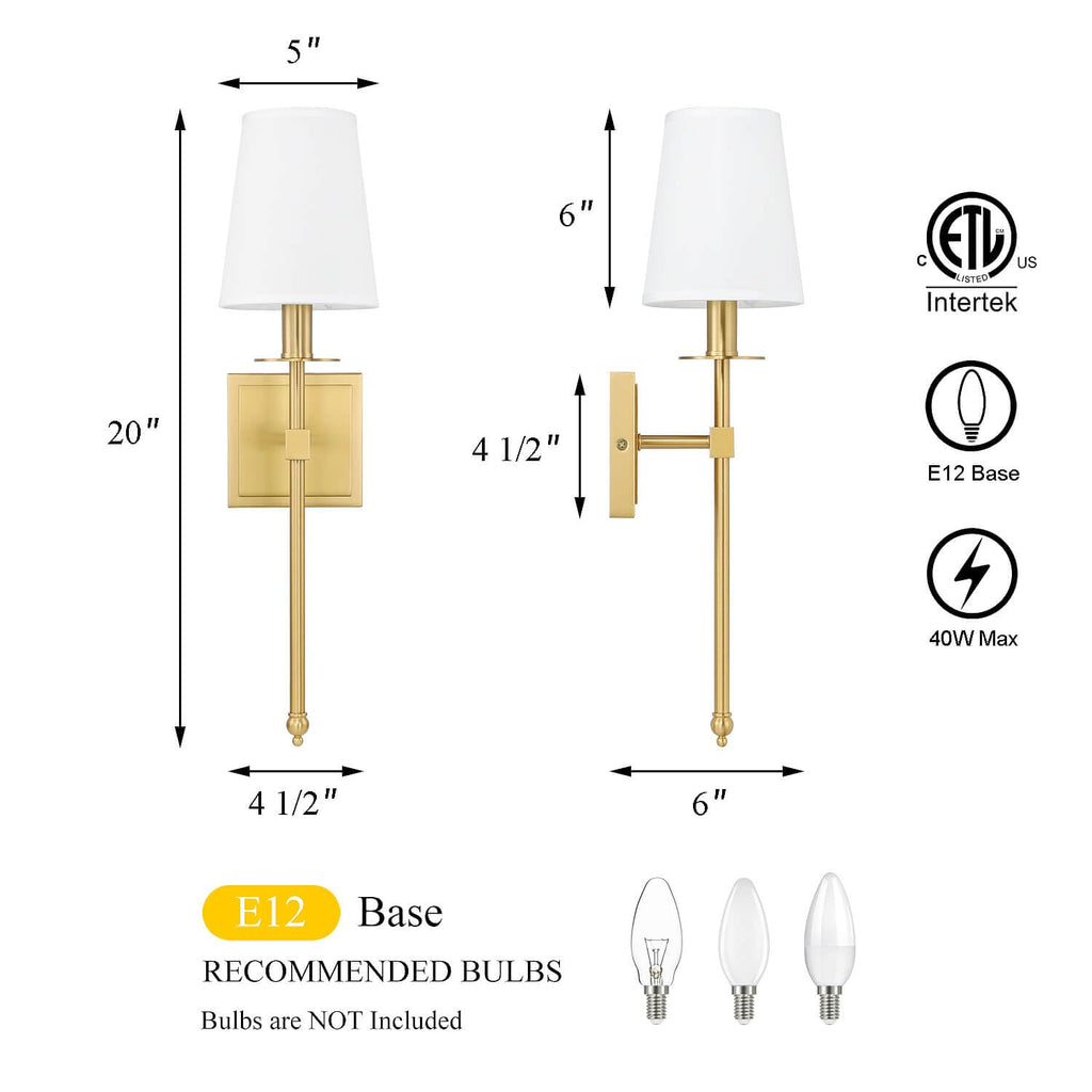 Brass Wall Sconces Set of 2 Gold Sconce Light for Living