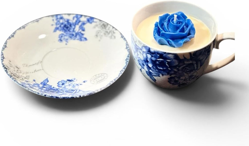 K_R Afternoon Tea Scented Candle in Blue Floral Porcelain Teacup with Saucer, White Tea Fragrance, Hand Poured - Set of 6