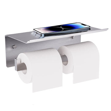 Double Toilet Paper Holder with Shelf, Large Tissue Holder Brushed Nickel, Wall Mount Commercial Toilet Paper