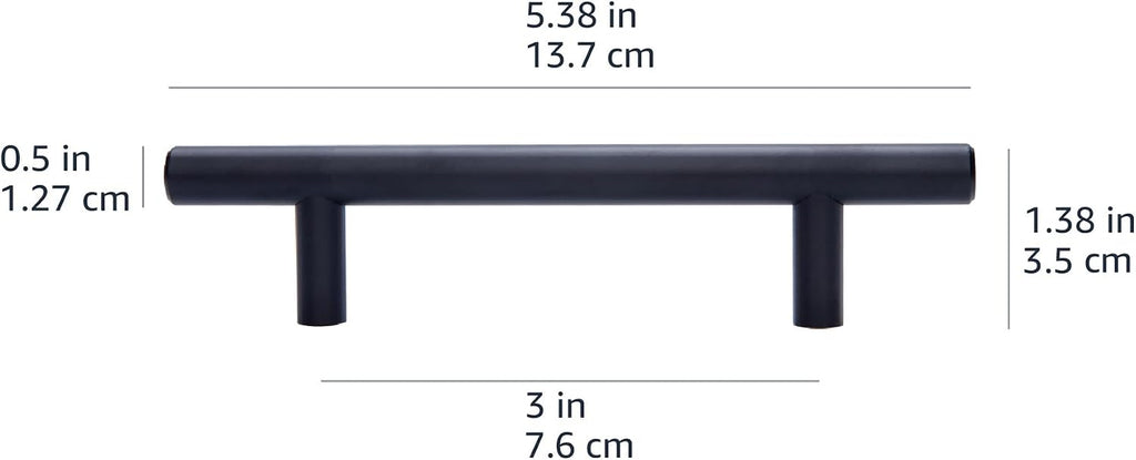 Euro Bar Cabinet Handles, Drawer Pulls, 5.38-inch Length, 3-inch Hole Center, 1/2-inch Diameter, Matte Black, 10-Pack