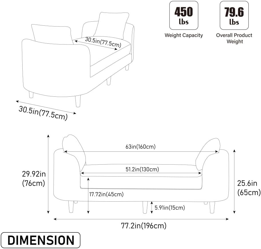 77.2" Chenille End of Bed Bench Chaise Lounge, Upholstered Bedroom Bench with Arms & Bolster Pillows, Rubberwood Legs