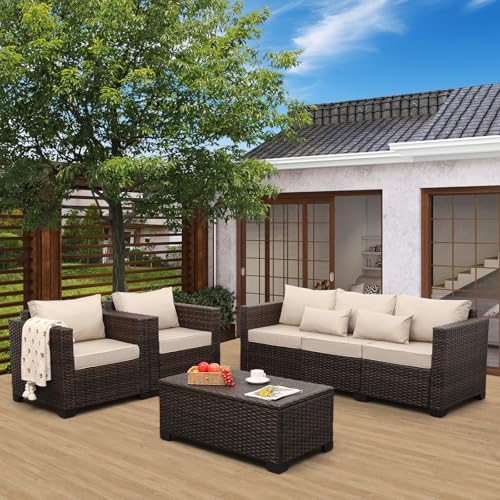 4-Piece Wicker Outdoor Patio Furniture Set | Khaki for Patio, Garden & Porch