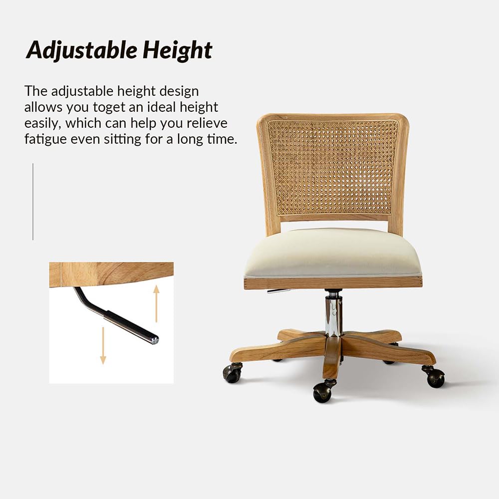 Rattan Office Desk Chair with Wicker Back & Wheels, Beige