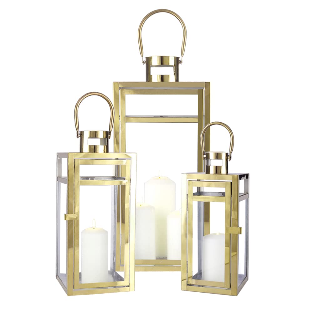 Elegant Gold Stainless Steel Lantern Set- 3 Sizes (12", 15", 19") - Tempered Glass Panel Metal Lanterns for Versatile