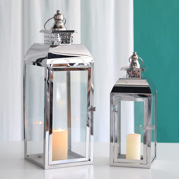 Set of 2 Stainless Steel Decorative Candle Lanterns 20.5"&15" High Metal Candle Lanterns for Indoor Outdoor Events