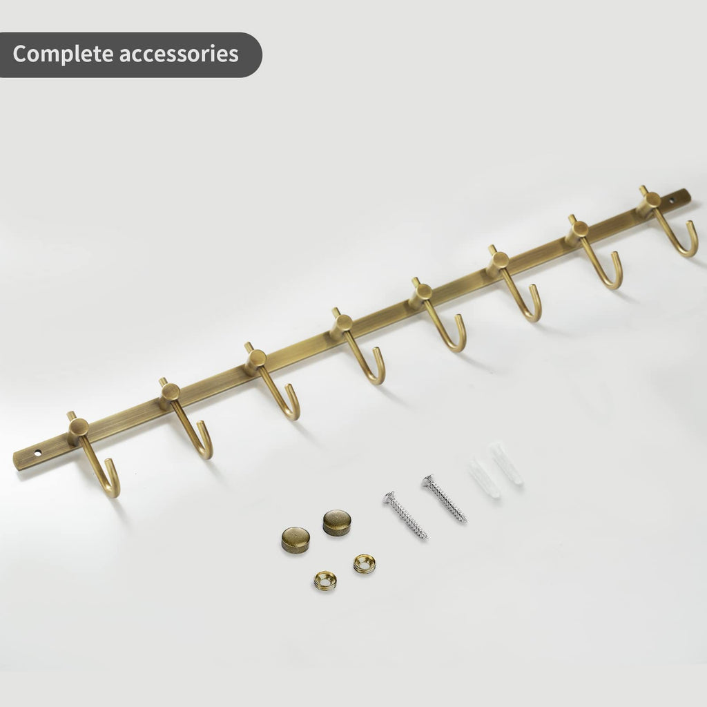 Antique Brass Hooks, 8 Hook Coat Rack, Bath Wall Mounted Vintage Brushed Brass Bathroom Row Hooks Rustic Towels Coats