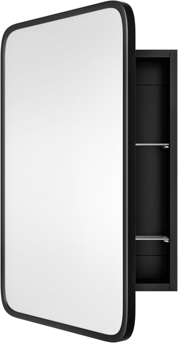Medicine Cabinet with Black Metal Frame Mirror, Overall 16.5"x24" | Bathroom Wood Wall Cabinet with Mirror