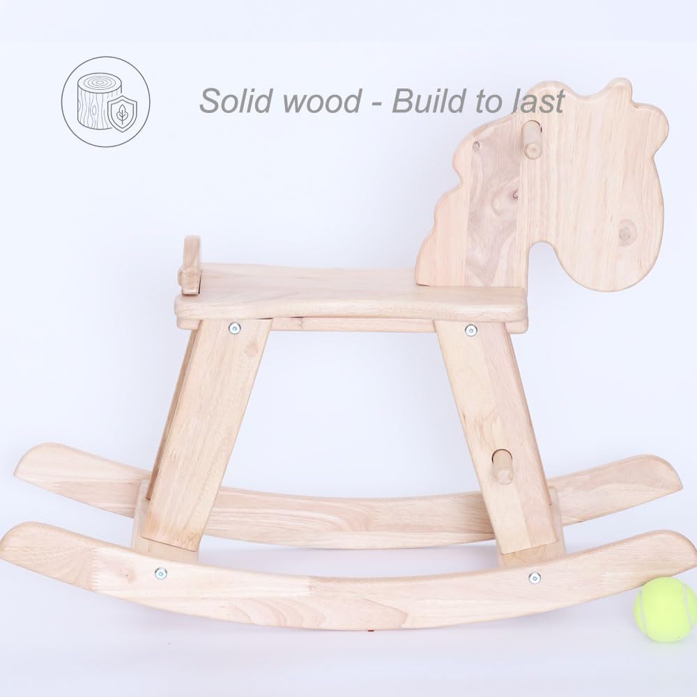 Natural Wooden Rocking Horse for Preschool (Ages 3-6) - Solid Rubber Wood, Safe & Comfortable Footrest, Supports