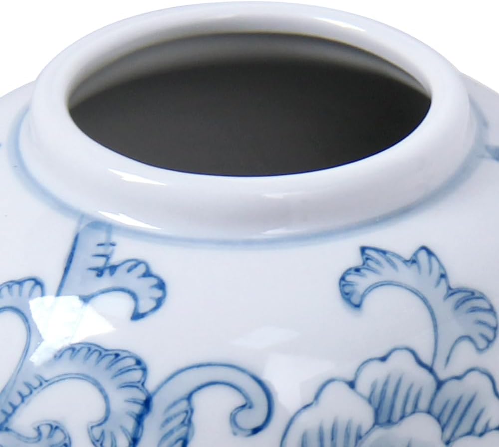 Blue and White Ginger Jar with Hand-Painted Floral Design, Ceramic Decorative Vase with Gold Trim Lid, Chinoiserie