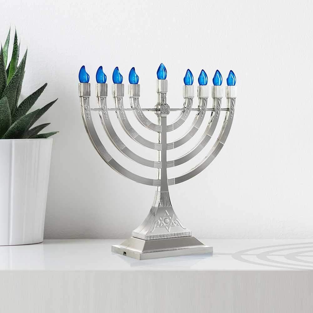 Zion Judaica 12" LED Chanukah with Flame Shaped LED Bulbs Electric USB Powered or Batteries Electronic Minorah - 4'