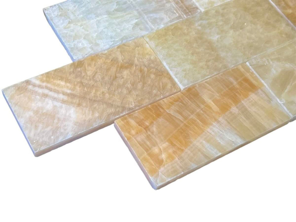 Honey Onyx 3x6 Premium Polished Marble Subway Tile - Warm Yellow Tones with White Veins, Elegant for Backsplash