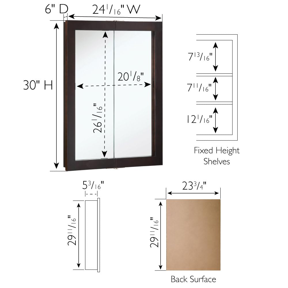 Ventura Medicine Cabinet Durable Espresso Assembled Frame Bathroom Wall Cabinet w/ Mirrored Doors, 24"