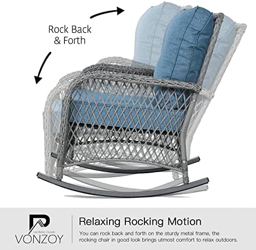 3-Piece Wicker Outdoor Patio Furniture Set - Rocking | Blue with Thick Cushions for Backyard, Garden & Porch
