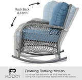 3-Piece Wicker Outdoor Patio Furniture Set - Rocking | Blue with Thick Cushions for Backyard, Garden & Porch