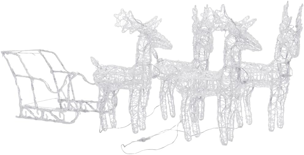 Acrylic Christmas Reindeers & Sleigh Decoration, Warm White LED Lights, Weatherproof PVC/Steel Frame, Pre-Lit