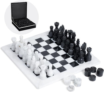Marble Chess and Checkers Set - Luxury Tabletop Game and Coffee Table Decor - Elegant 3-in-1 Marble Game for Room - Set of 56
