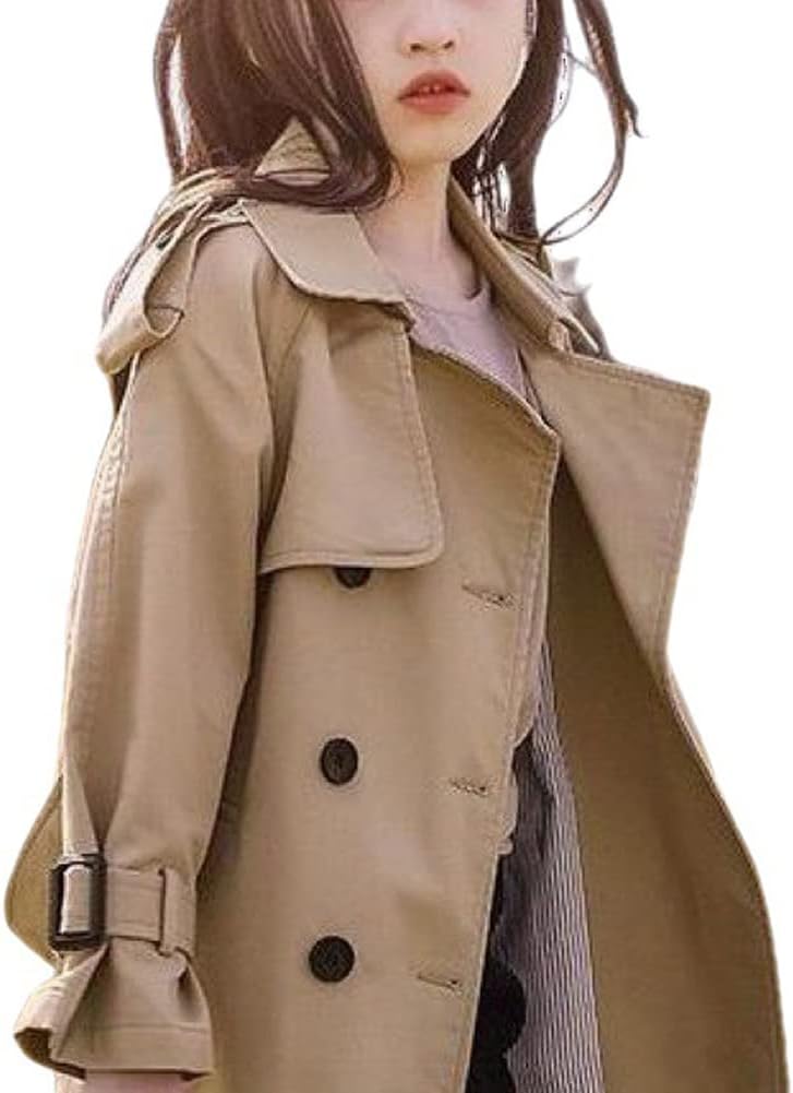 Girls Double Breasted Trench Coat Kids Lapel Long Sleeve Belt Windbreaker Jacket Outerwear with Pockets