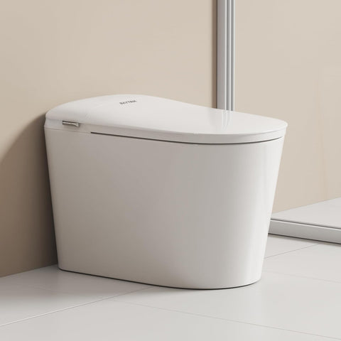 Smart Toilet with ADA Comfort Height Heated Seat, Night Light, Tankless Auto Flush, Foot Sensor Operation, Modern Elongated One-Piece Design