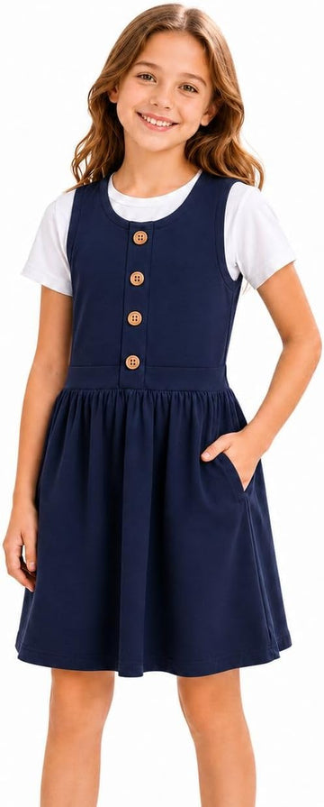 Girls School Uniform Jumper Dress Pockets Stretch Cotton Blend