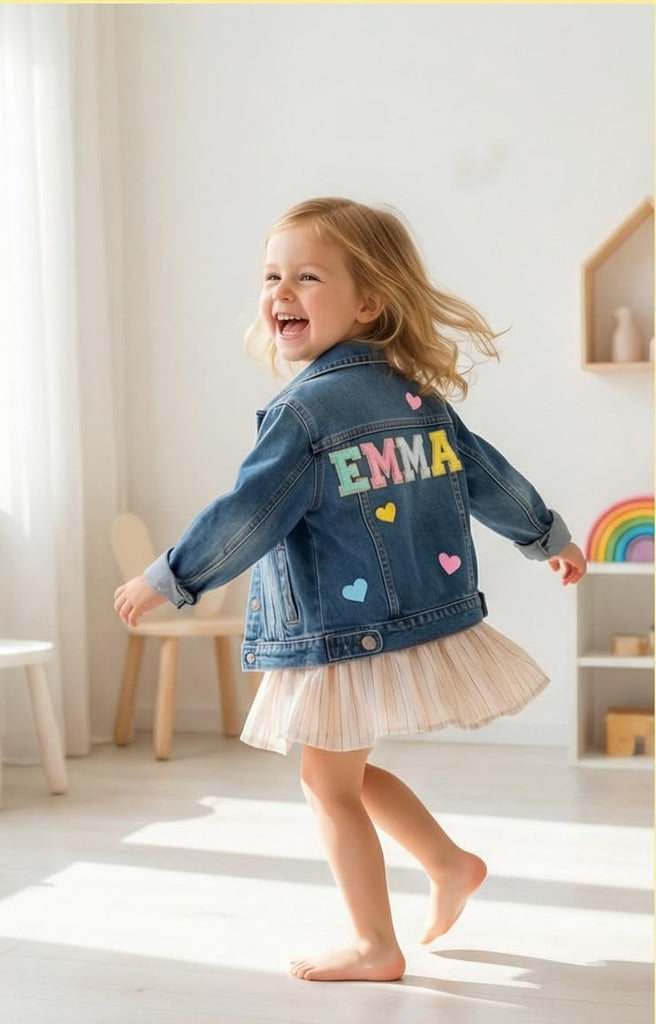 Personalized Denim Jacket for Girls with Name, Custom Toddler Kids Jean Jacket with Chenille Patches, Back to School