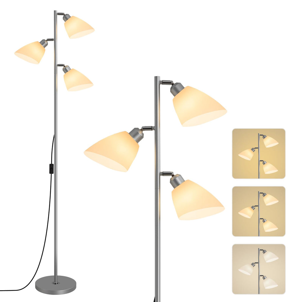 Silver Modern 3-Light Tree Floor Lamp, Adjustable Acrylic Frosted Shades