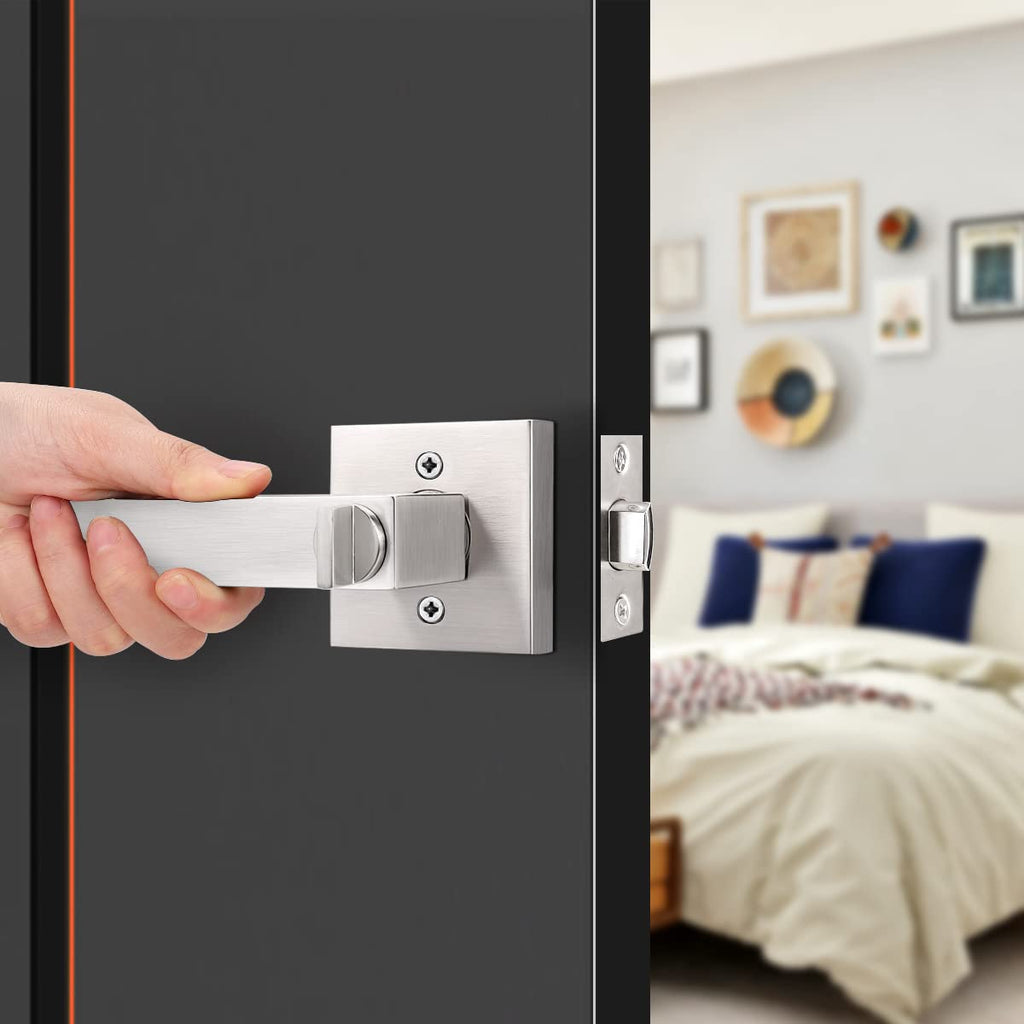 Brushed Nickel Interior Door Handles, ANSI/BHMA Grade 3 Intertek-Verified, 2 Pack Solid Zinc Alloy Square Privacy