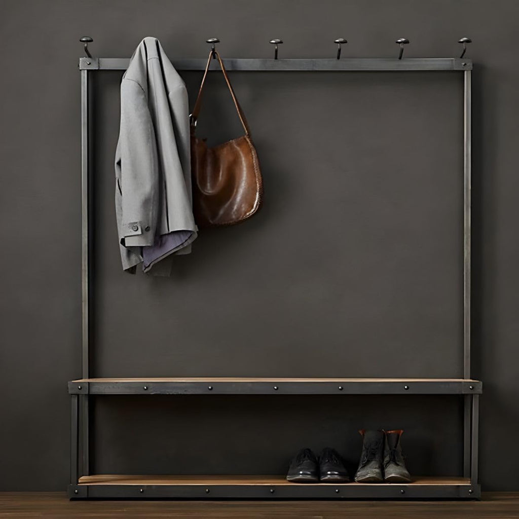 Industrial Coat Rack Shoe Bench with 7 Hooks Farmhouse Entryway Bench with Coat Rack Hallway Bench with Storage Shelf