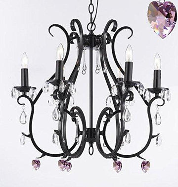 Wrought Iron Empress Crystal (TM) Chandelier Chandeliers Lighting W/ Pink Crystal Hearts - For Nursery, Kids, Girls Bedrooms, Kitchen, Etc - A7-B21/406/6