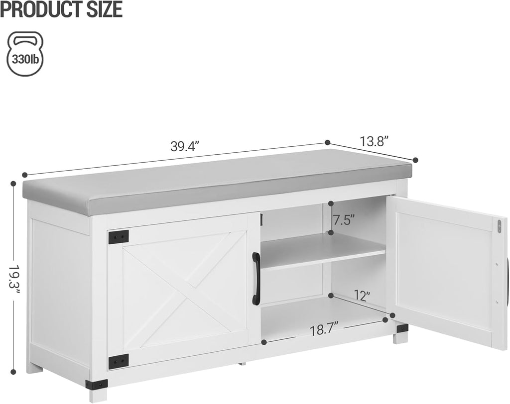 39.4" Shoe Storage Bench, with Soft Padded Seat Cushion & Doors