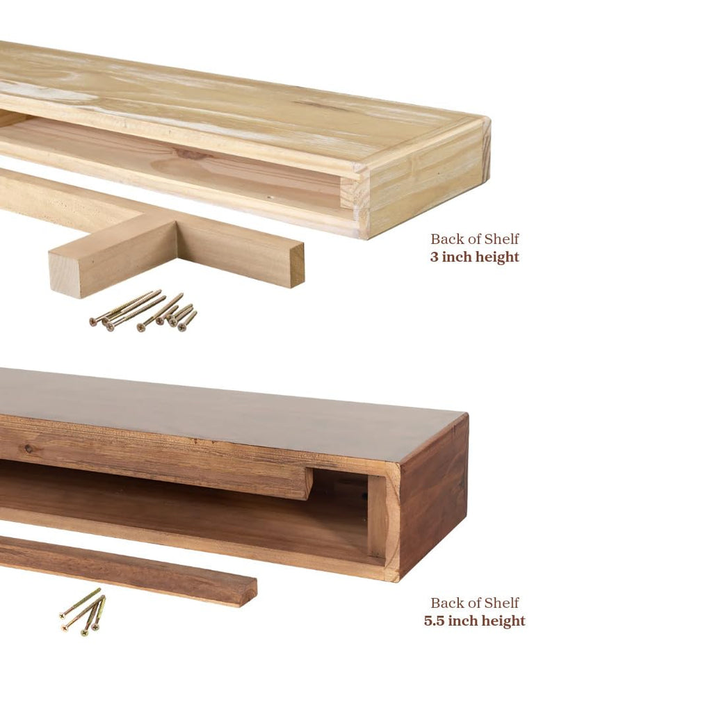 Dakota 60 Inch Fireplace Mantel Shelf, Box-Constructed Pine Wood Shelf with 9" Depth, Whitewash Floating Mantel
