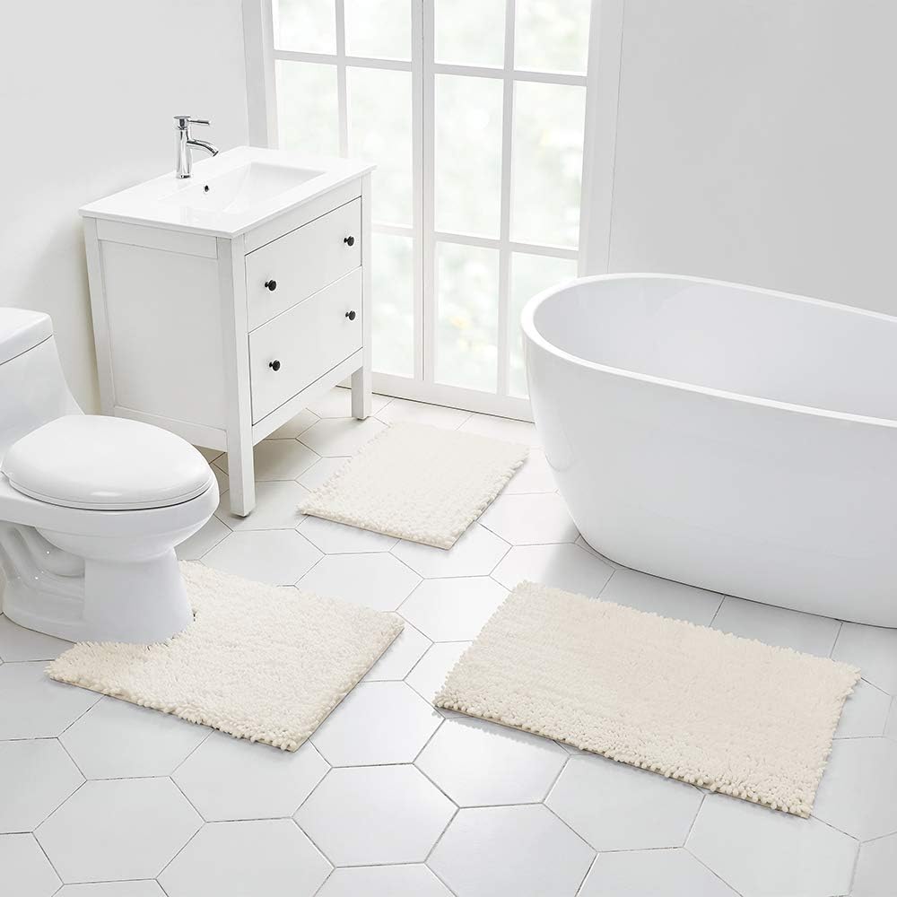 Bathroom Rug 2 Pieces Set Non Slip Bath Mat (20"x32" Plus 20"x24" U Ivory) Water Absorbent Super Soft Shaggy Chenille