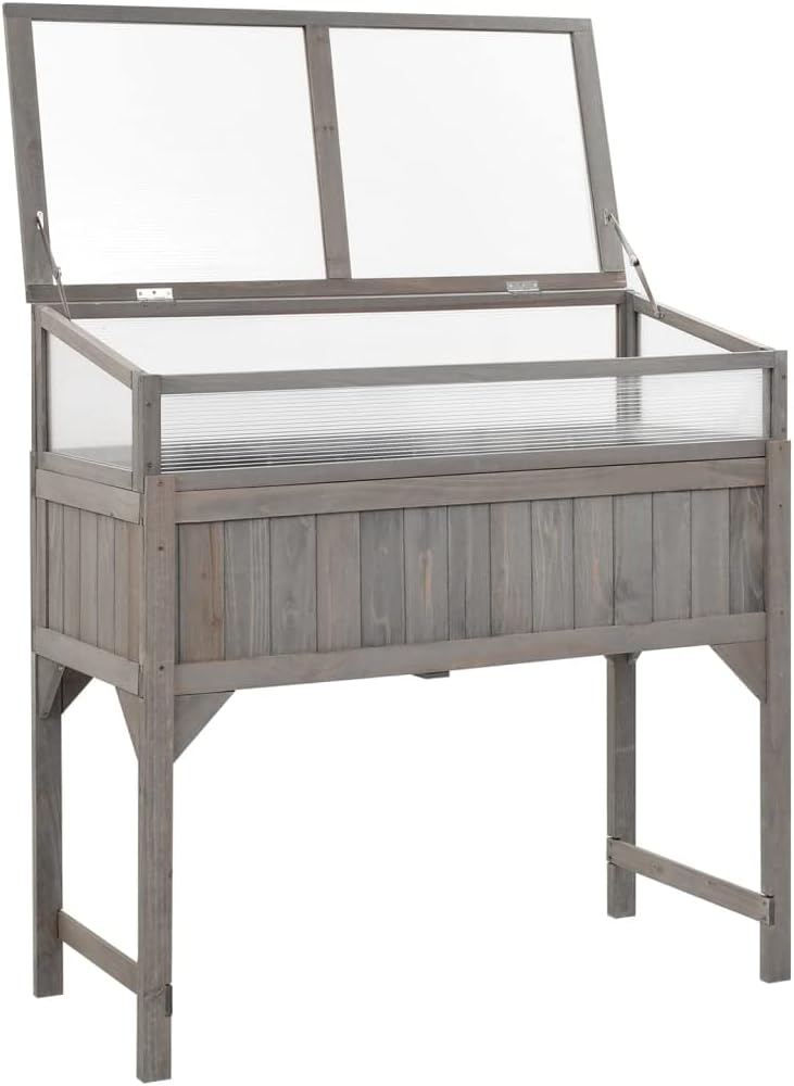 Solid Wood Raised Garden Bed with Greenhouse Gray 43.3in | Elevated wooden planter box with clear cold frame top