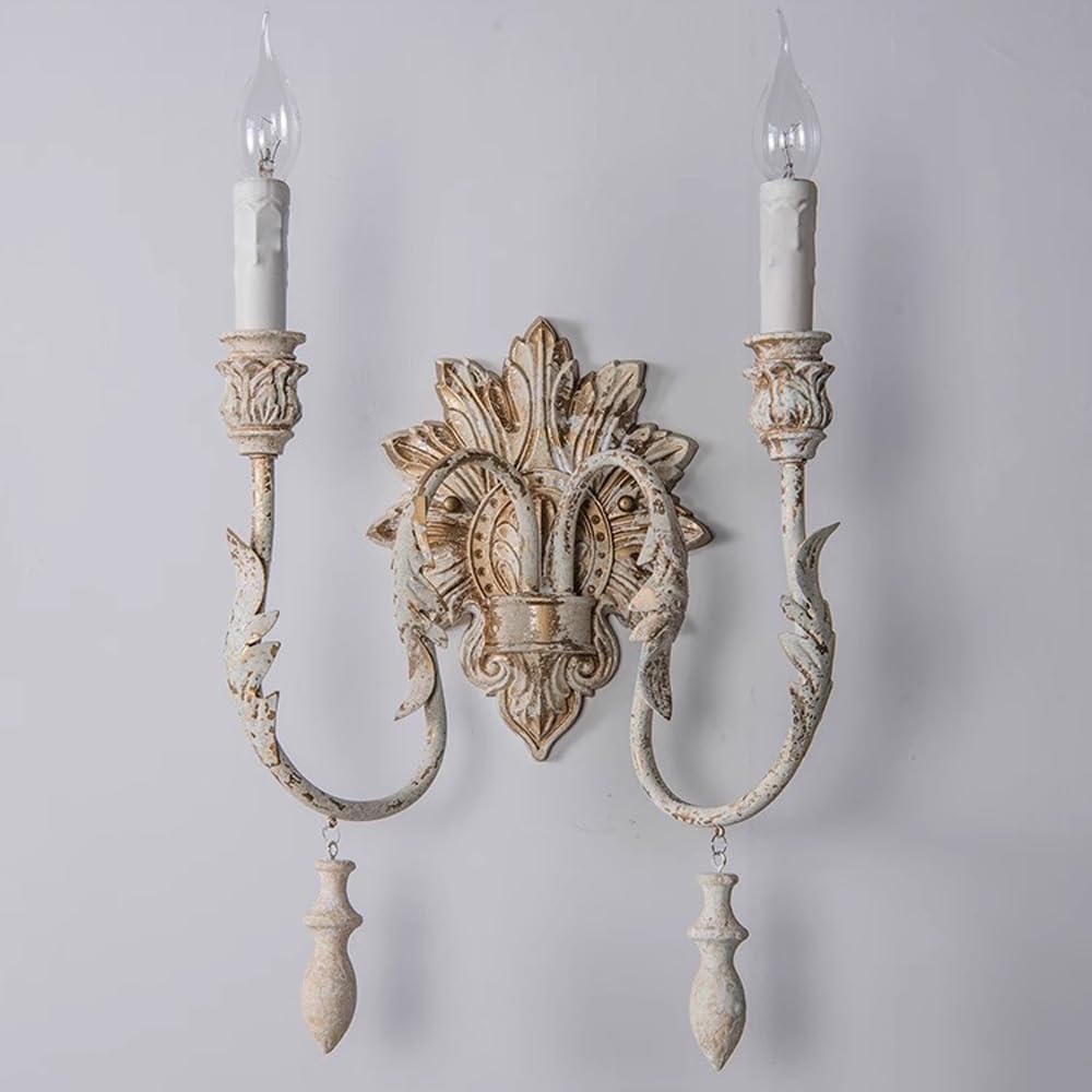 French Country Distressed White Wall Sconce - 2-Light Candle Holder Fixture for Vintage Rustic Home Decor - Ideal