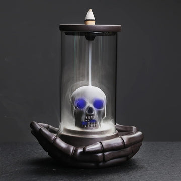 Skull Incense Burner Holder - Backflow Waterfall , LED Ceramic Unique Skeleton Incense Burner with 15 Incense Cones