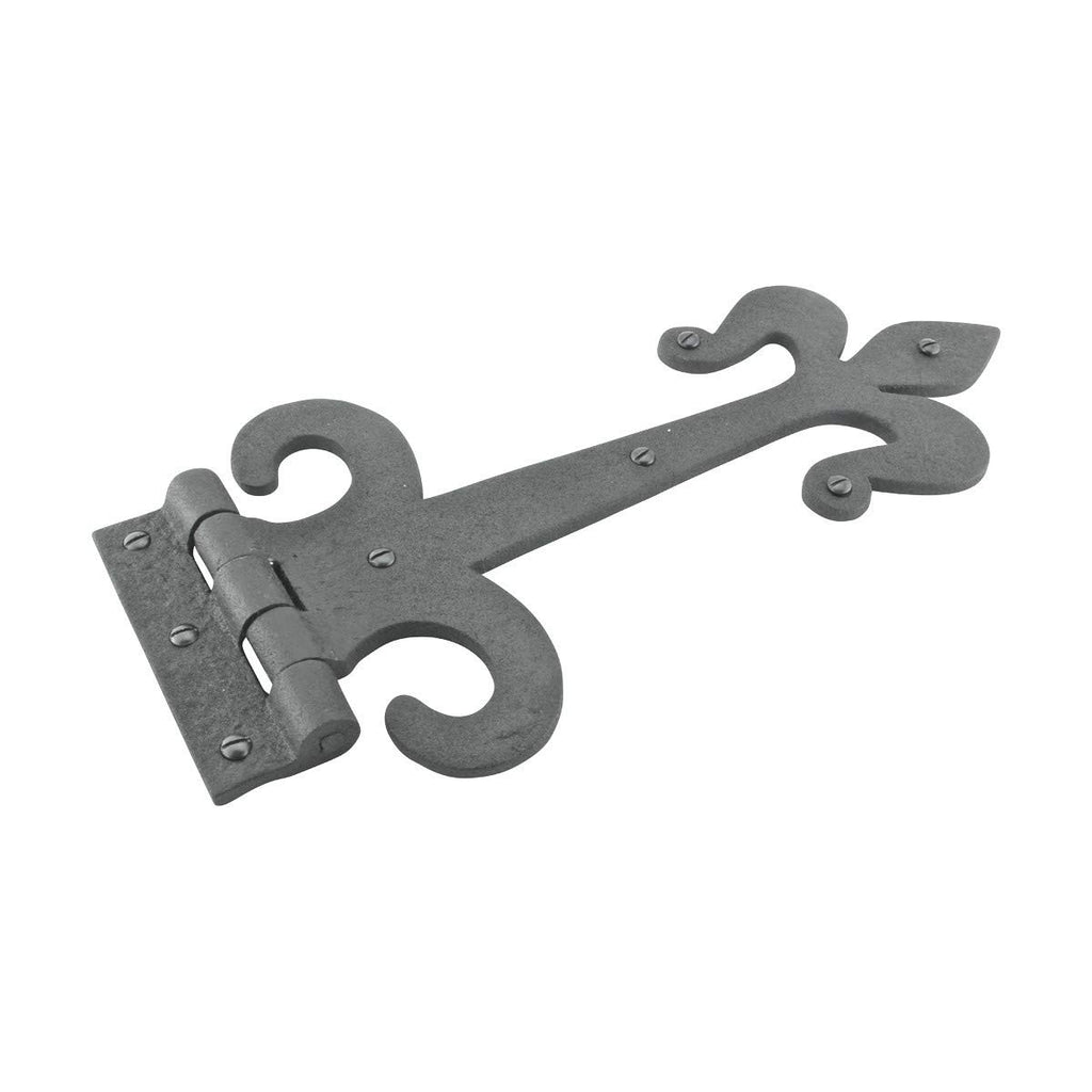 Gate Hinges 12 in. Black Wrought Iron Fleur De Lis Style Strap Hinges for Gates and Doors with Mounting Hardware